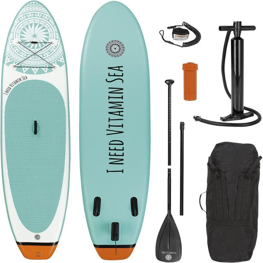 Opblaasbaar stand-up paddleboard Vitamine Sea-set met peddel, pomp, riem en draagtas, gekleurd in turquoise en wit met een decoratief mandala-ontwerp.