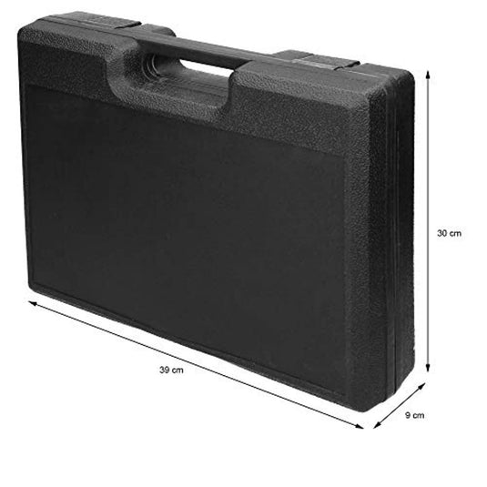 Zwarte rechthoekige Systeemkoffer met dumbbells: De complete set voor thuistraining, met afmetingen gelabeld: 39 cm breed, 30 cm hoog en 9 cm diep.