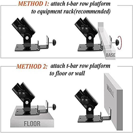 Dit diagram toont twee bevestigingsmethoden voor het T-bar row platform: vastmaken aan een apparatuurrek of vastmaken aan de vloer of muur. Perfect voor krachttrainers, dit veelzijdige hulpmiddel ondersteunt dynamische trainingen zoals T-bar row landmine oefeningen met