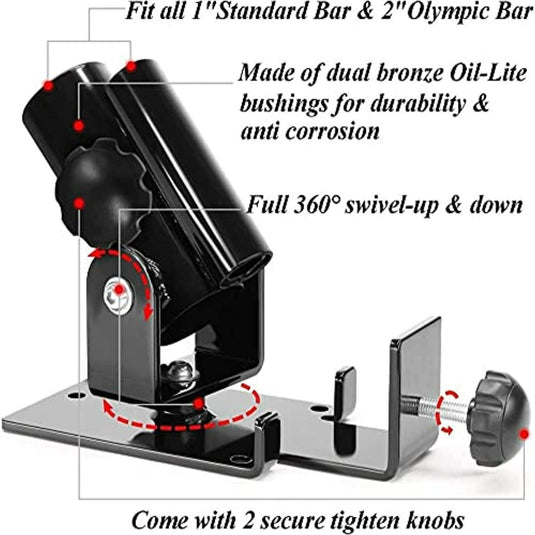 Versterk je training met de veelzijdige T-Bar row landmine voor barkrukken met 360 graden rotatie, gemarkeerd met rode stippen die draaipunten aangeven en veilige draaiknoppen voor aanpassingen.