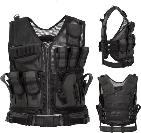 Een zwart Multifunctioneel tactisch vest met meerdere zakjes en compartimenten, getoond vanuit verschillende hoeken: de ultieme metgezel voor je outdoor avonturen.