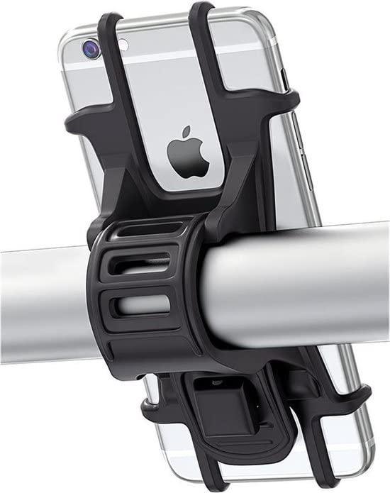 Laad afbeelding in Galerijviewer, Een smartphone gemonteerd op een fietsstuur met behulp van een zwarte verstelbare universele mobiele houder voor fiets, met de achterkant van een witte iPhone met een zichtbaar Apple-logo.
