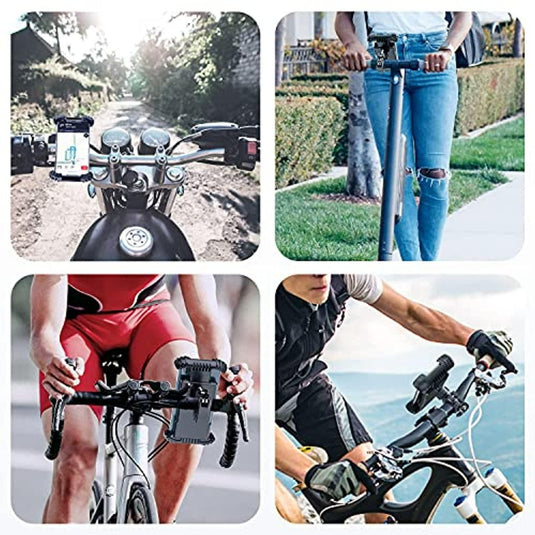Collage van vier afbeeldingen gerelateerd aan fietsen: Stabiel, universeel en gebruiksvriendelijk op het stuur van de fiets, persoon in spijkerbroek met fiets, fietser in rode korte broek, handen die het stuur van een fiets verstellen.