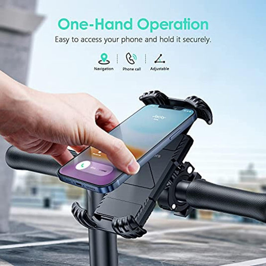 Smartphone gemonteerd op een fietsstuur met behulp van een zwarte Telefoonhouder voor op de fiets met functies gelabeld voor navigatie, bellen en afstellen.