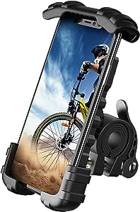 Een Telefoonhouder voor op de fiets met een universele pasvorm, gemonteerd op een fietsstuur in een robuuste hoes en met een afbeelding van een fietser op het.