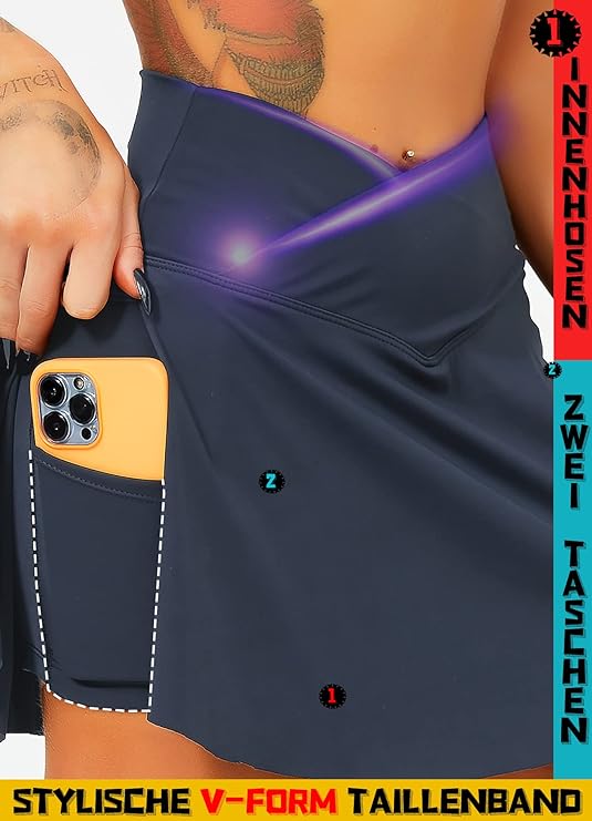 Close-up van het torso van een vrouw, gekleed in een zwarte Tennisrok met broek met V-vormige tailleband en een gele telefoon in een zijzak, met de nadruk op twee zakken en stijlvolle designdetails.