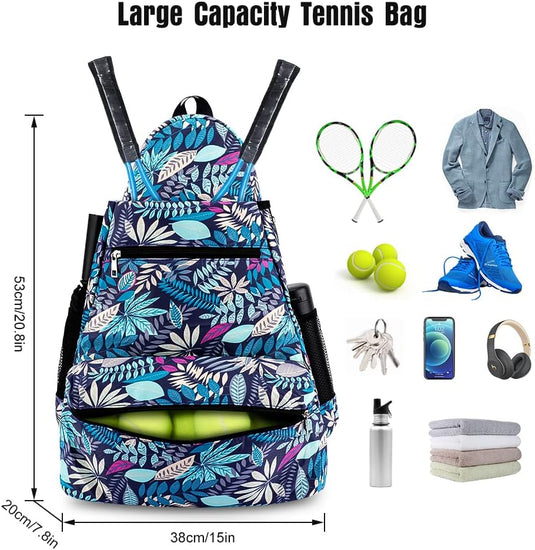 Upgrade je tennisgame met onze stijlvolle en functionele tennistas met schoenenvak van hoogwaardig polyesterweefsel met diverse vakken, gevuld met tennisuitrusting en accessoires, inclusief gelabelde afmetingen.
