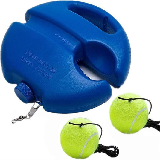 Een blauwe Tennistrainer uitrustingsset bestaande uit een basis met handvat, twee trainingsballen bevestigd aan een elastisch koord.