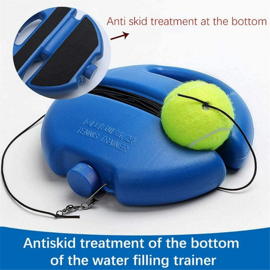 Een Tennistrainer - Zelfstudie tennistraining voor beginners en volwassenen met een antislipbodem en een trainingsballen bevestigd door een elastisch koord.