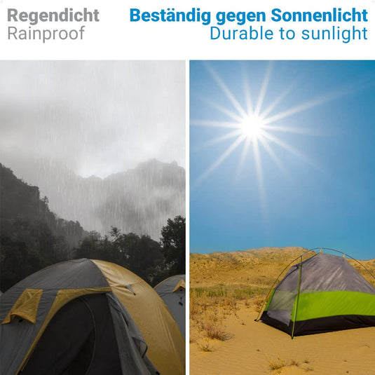 Gesplitste afbeelding met twee tenten: één in een regenachtig bergachtig terrein, met het opschrift 'waterdicht', en de andere in een zonnige woestijn, met het opschrift 'duurzaam tegen zonlicht. tenttape: de onmisbare reparatietape voor je tent
