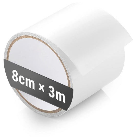 Een rol Tenttape: de onmisbare reparatietape voor je tentlabelpapier met de afmetingen 8 cm bij 3 m weergegeven op een witte achtergrond.