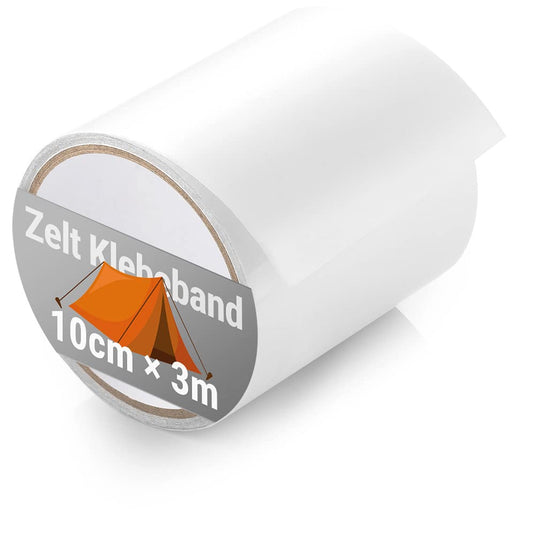 Rol witte tenttape met oranje tentlogo en afmetingen "10 cm x 3 m" op het etiket, geïsoleerd op een witte achtergrond.