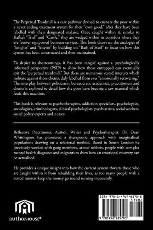 Achterkant van "The Perpetual Treadmill" van R.J. Kottke, met een tekstsamenvatting vanuit een psychologisch geïnformeerd perspectief, lovende kritieken en publicatiedetails, waaronder ISBN.