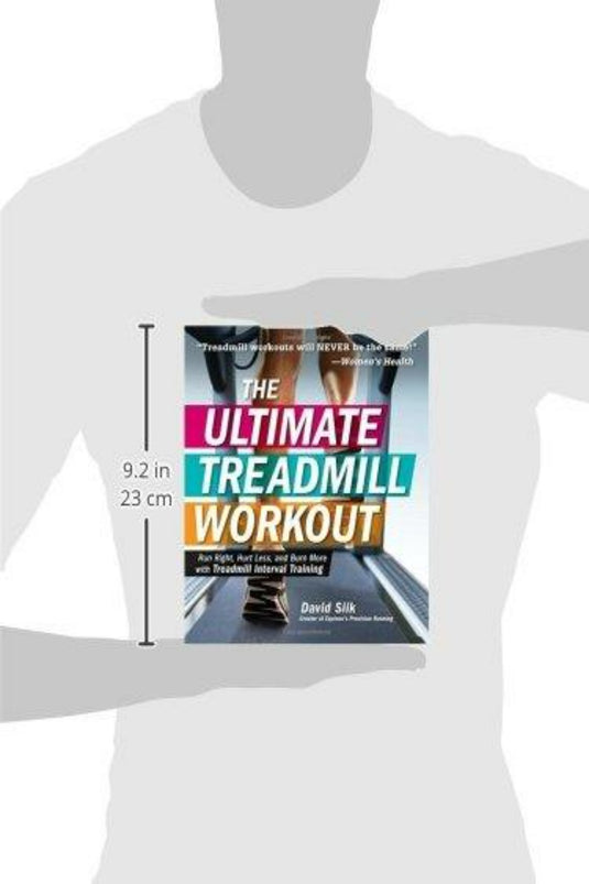 Silhouet van een persoon die een boek vasthoudt met de titel "The Ultimate Treadmill Workout: Run Right, Hurt Less, and Burn More with Treadmill Interval Training" van David Siik, waarbij de omslag prominent zichtbaar is.