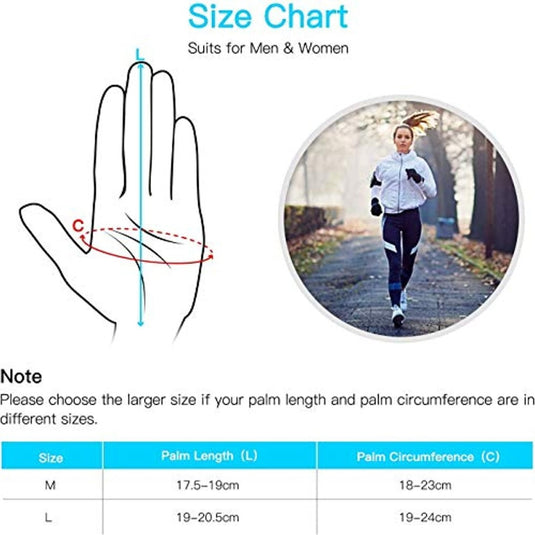 Handschoenmaattabel met illustratie en foto van een rennende vrouw, met accenten Touchscreen handschoenen: warm, comfortabel en bedien je smartphone eenvoudig.