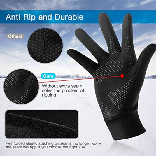 Duurzame touchscreen-handschoenen met versterkte stiksels en zonder extra naden, met een vergelijking die de anti-scheurvoordelen en antislipgrip benadrukt.