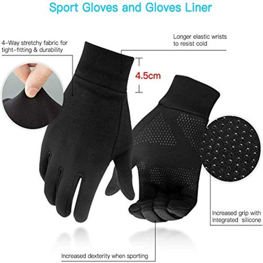 Een paar touchscreen-handschoenen met aandacht voor kenmerken zoals 4-weg rekbare stof, langere elastische polsen, verhoogde grip met siliconentextuur en antislipgrip.