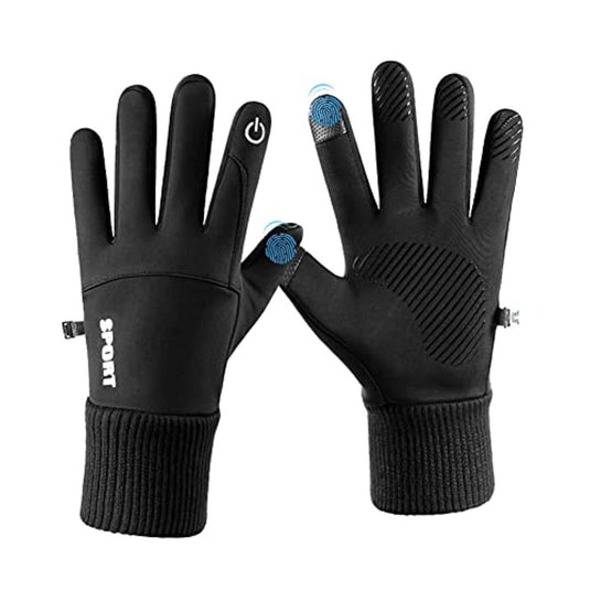 Een paar Touchscreen handschoenen voor dames en heren: Warm, waterdicht en stijlvol met getextureerde handpalmen en logo op de achterkant, ontworpen om warm en comfortabel te zijn.