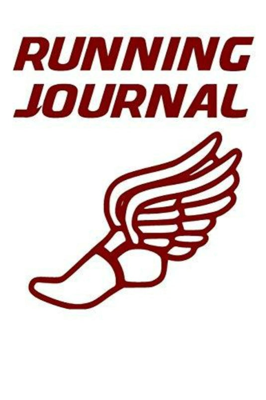 Een rode, gevleugelde voetomtrek onder de vetgedrukte tekst 'Running Journal' op wit, ideaal voor het bijhouden van trainingen of als een gedetailleerd trainingsdagboek: Hardlooplogboek voor hardlopers met omrekentabellen voor loopbandtempo's voor 5 km, 10 km, halve marathon en marathon.