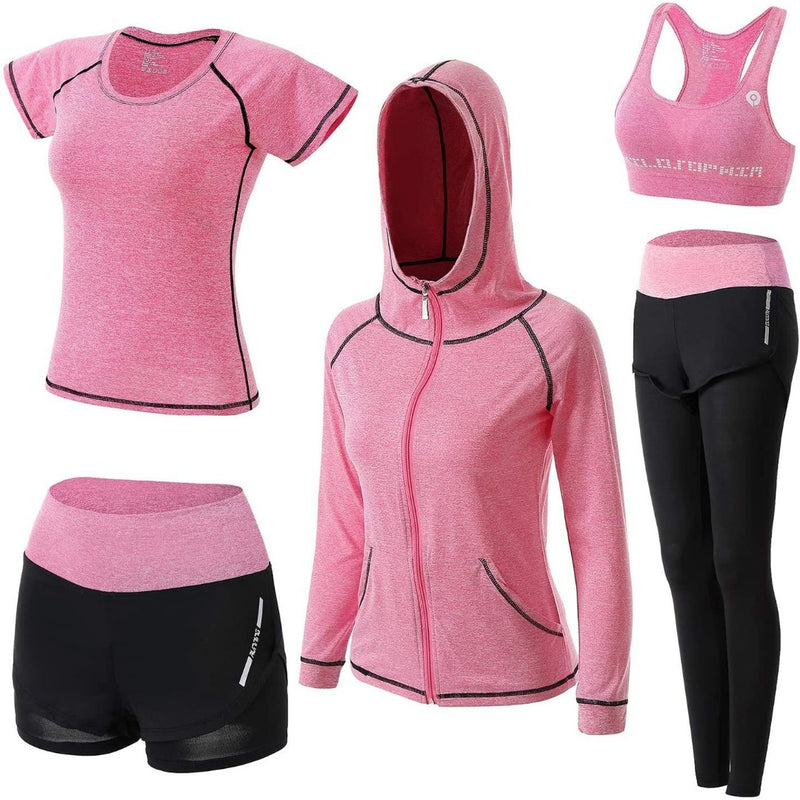 Laad afbeelding in Galerijviewer, Comfortabel roze trainingspak voor dames: comfortabel, stijlvol en veelzijdig, inclusief een t-shirt, hoodie, shorts en leggings, getoond op een witte achtergrond.

