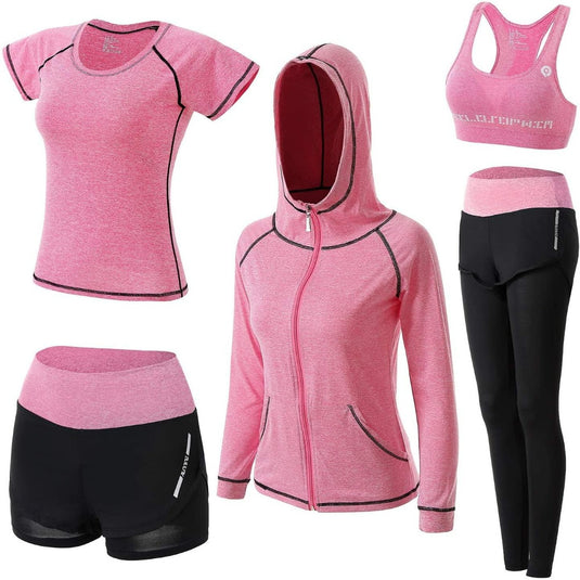 Comfortabel roze trainingspak voor dames: comfortabel, stijlvol en veelzijdig, inclusief een t-shirt, hoodie, shorts en leggings, getoond op een witte achtergrond.