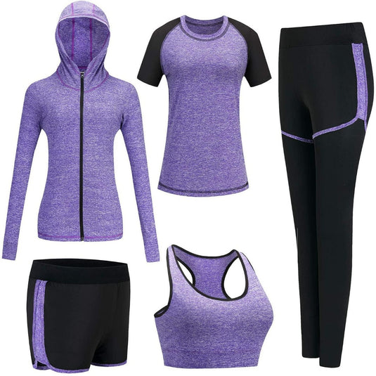 Een collectie Trainingspak dames waaronder een jasje, t-shirt, sportbeha, korte broek en legging. Deze veelzijdige set is ontworpen voor comfort en stijl.