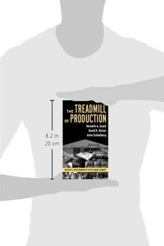 Persoon die een boek vasthoudt met de titel "Treadmill of Production: Injustice and Unsustainability in the Global Economy" door Kenneth A. Gould en Allan Schnaiberg, de omslag bevat industriële beelden die politiek-economische verschuivingen weerspiegelen.