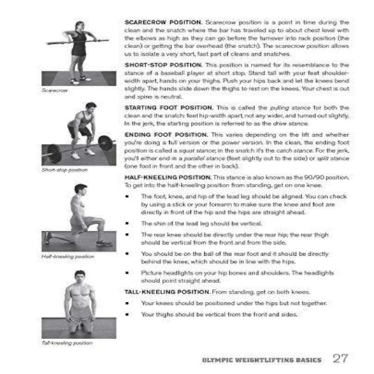 Illustraties die vier basisposities voor olympisch gewichtheffen demonstreren: vogelverschrikker, staande positie vooraan, positie met één knie omhoog en knielende positie, met beschrijvende tekst uit Ultimate Olympic Weightlifting: A Complete Guide to Barbell Lifts - from Beginner to Gold Medal.