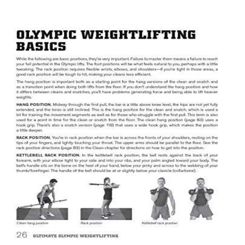 Laad afbeelding in Galerijviewer, Pagina uit Ultimate Olympic Weightlifting: A Complete Guide to Barbell Lifts - from Beginner to Gold Medal, met tekst, diagrammen van kettlebell-rekposities en een gelabelde zijbalk gericht op explosieve kracht.
