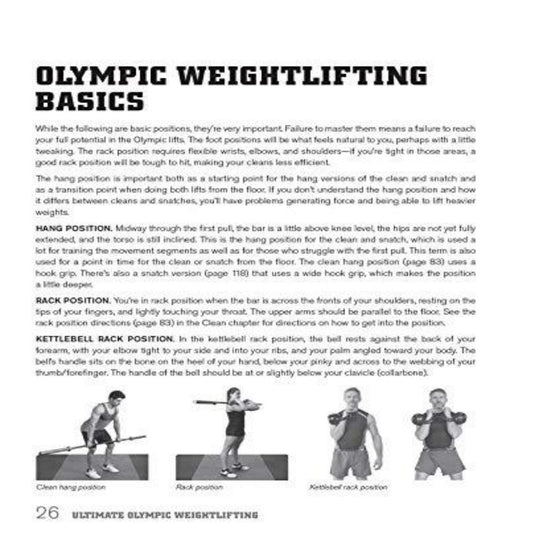 Pagina uit Ultimate Olympic Weightlifting: A Complete Guide to Barbell Lifts - from Beginner to Gold Medal, met tekst, diagrammen van kettlebell-rekposities en een gelabelde zijbalk gericht op explosieve kracht.
