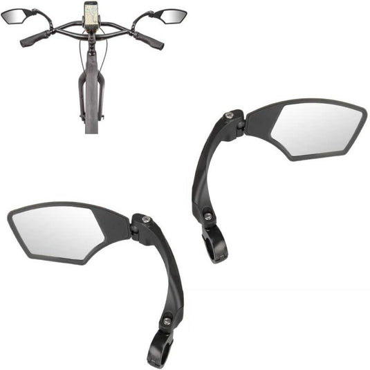 Assortiment Verstelbare fietsspiegelset afgebeeld vanuit verschillende hoeken, ontworpen voor eenvoudige installatie.