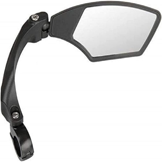 De Verstelbare fietsspiegel set, een zwarte fietsaccessoire met een verstelbare arm en rechthoekig reflecterend oppervlak, verhoogt de veiligheid tijdens het fietsen.