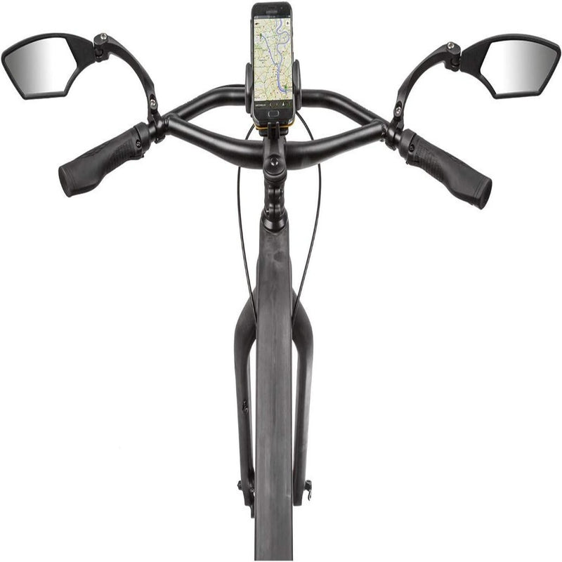 Laad afbeelding in Galerijviewer, Fietsstuur met een Verstelbare fietsspiegelset met kaartweergave en een verstelbare spiegelset, gezien vanuit het perspectief van de berijder, waardoor veilig fietsen gegarandeerd is.
