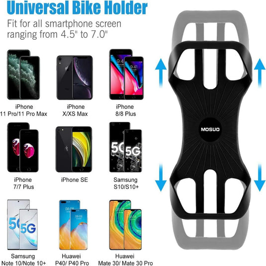 Afbeelding van een Universele fiets telefoonhouder: veilig en comfortabel fietsen met je smartphone met compatibiliteitstabel voor verschillende smartphonemodellen en een close-up van het product.