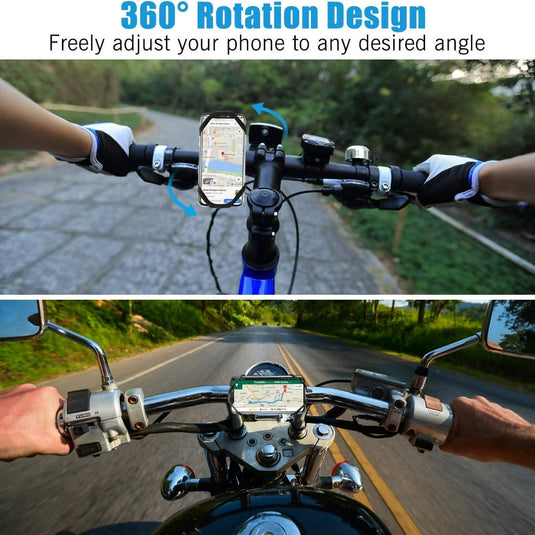Gesplitste afbeelding van een fiets- en motorstuur met telefoonhouders met kaarten. Markeert 360° rotatie voor verstelbare kijkhoeken, stevige grip met siliconen vulling voor stabiliteit. Ideaal als Universele fiets telefoonhouder: veilig en comfortabel fietsen met je smartphone.