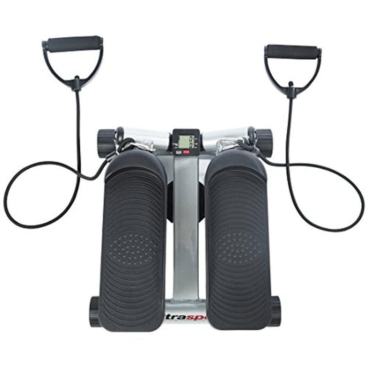 A Verleiding in beweging: De complete workout stepper voor een fitter lichaamsoefenmachine met weerstandsbanden en een digitaal display, geïsoleerd op een witte achtergrond.