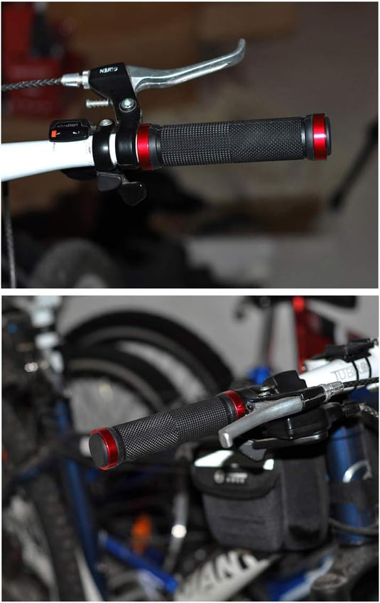 Close-up van een fietsstuur met remhendel en Fietshandvatten: Premium comfort voor jouw fietstochten.