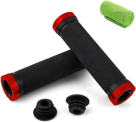 Een paar zwarte en rode Fiets handvatten: Premium comfort voor jouw fietstochten inclusief einddoppen en een groen doek.