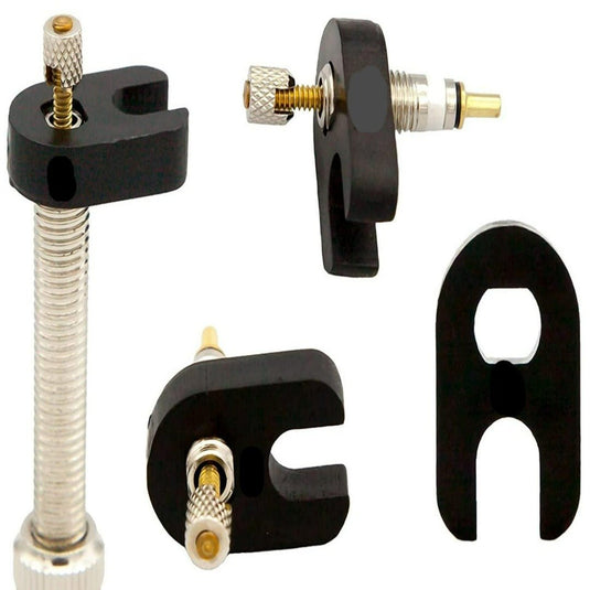 Assortiment zwart metalen Presta ventiel vervangingsset of accessoires voor fotografieapparatuur met schroeven en klemmen, compatibel met alle fietsen.