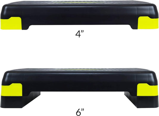 Verstelbaar aerobics stepper platform met antislip oppervlak en twee hoogteniveaus, 4 inch en 6 inch, voor een complete workout.