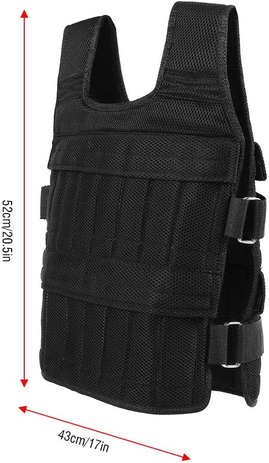 Zwart Verstelbaar verzwaard vest met meerdere zakken en verstelbare bandjes, weergegeven met maataanduidingen van 53 cm bij 43 cm, ideaal om uw complete training te verbeteren.