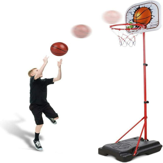 Een soort dat een basketbal schietrichting de "Ontwikkel basketbaltalenten met de verstelbare basketbalset" met een bewegingsonscherpte die de beweging van de bal vertegenwoordigt.
