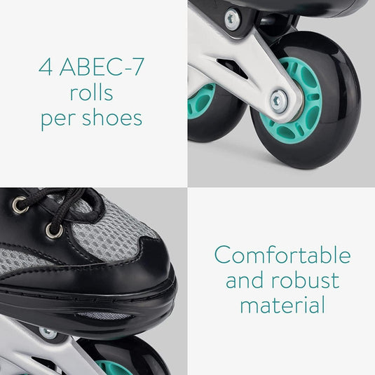 Een vier-panel afbeelding die de kenmerken van een paar verstelbare skeelers voor kinderen uitlicht, inclusief '4 abec-7 rolls per schoen' en 'comfortabel en duurzaam'.
