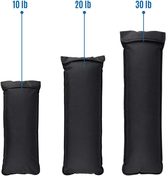 Drie zwarte verstelbare zandzakken weergegeven in oplopende gewichten van 10 lb, 20 lb en 30 lb, gelabeld met blauwe pijlen en tekst.