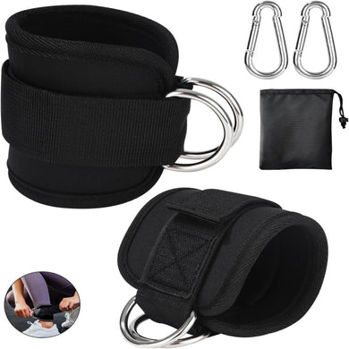 Een set enkelbanden voor Versterk je been en billen met de voetlustrainer, inclusief metalen karabijnhaken en een draagtas.
