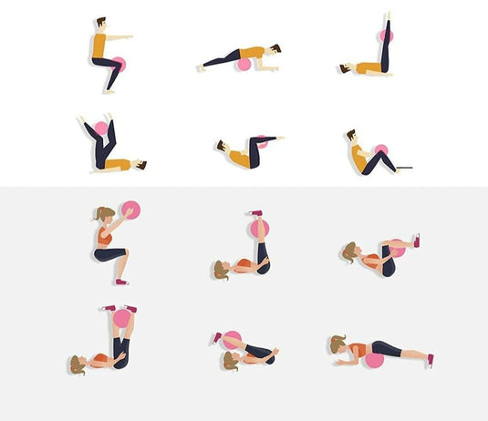 Een serie illustraties die verschillende oefenposities tonen voor een trainingsroutine om de balans te verbeteren en de core te versterken met onze pilatesbal.