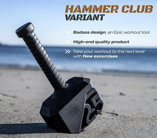 Een zwarte Versterk je hele lichaam met een hamer van 25 pond op een zandstrand, met tekst waarin het wordt gepromoot als een hoogwaardig, episch trainingshulpmiddel om oefeningen te verbeteren en trainingen te voltooien.