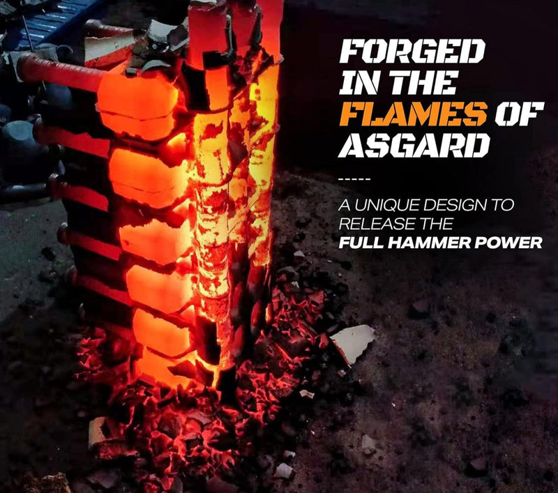 Laad afbeelding in Galerijviewer, Versterk je hele lichaam met een hamer kettlebell-structuur die lijkt op een toren, omgeven door donkere as en sintels, met tekst-overlay over Asgard-smeedwerk en de volledige training.
