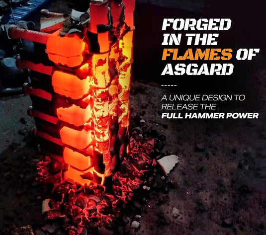 Versterk je hele lichaam met een hamer kettlebell-structuur die lijkt op een toren, omgeven door donkere as en sintels, met tekst-overlay over Asgard-smeedwerk en de volledige training.