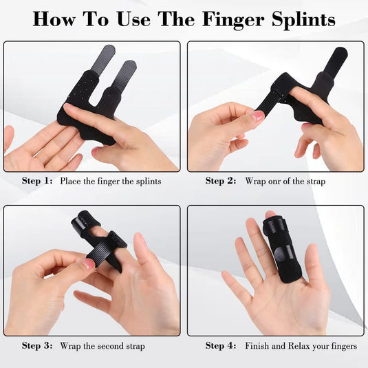 Een instructiegids in vier stappen over het gebruik van Verstelbare Triggerfinger-spalk, waarbij het plaatsen, omwikkelen en vastzetten op een menselijke vinger wordt gedemonstreerd.